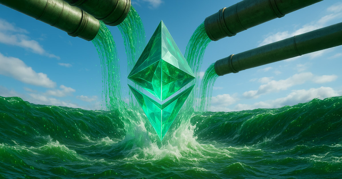 A large Ethereum symbol is shown rising from waves as green liquid flows from pipes, symbolizing institutional inflows into ETH ETFs during Q2 - Cover art/illustration via CryptoSlate. Image includes combined content which may include AI-generated content