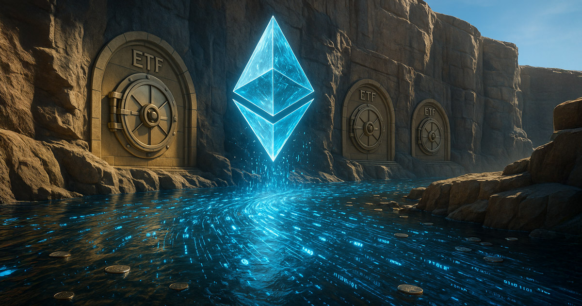 A glowing Ethereum symbol flows toward vaults labeled “ETF,” symbolizing record inflows and trading volumes for BlackRock’s Ethereum ETF – Cover art/illustration via CryptoSlate. Image includes combined content which may include AI-generated content