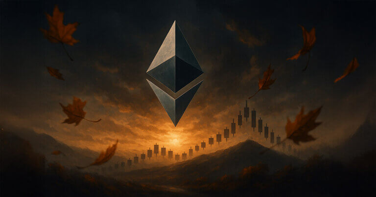 Centered Ethereum crystal hovers over a moody autumn landscape with stormy skies, falling leaves, and a subtly descending candlestick ridge at sunset, evoking cautious September vibe. Source: CryptoSlate