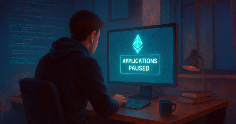 A solo Ethereum developer faces a paused grant application screen in a dimly lit workspace - Cover art/illustration via CryptoSlate. Image includes combined content which may include AI-generated content