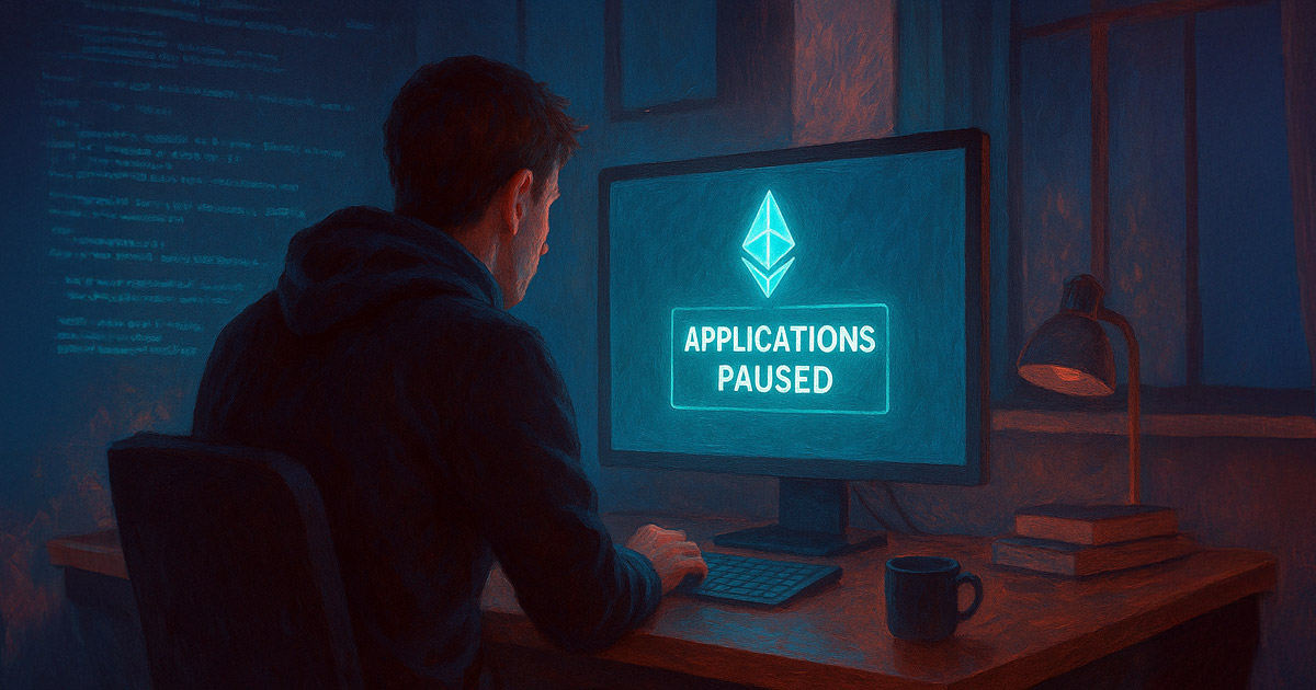 A solo Ethereum developer faces a paused grant application screen in a dimly lit workspace - Cover art/illustration via CryptoSlate. Image includes combined content which may include AI-generated content