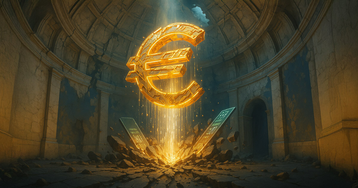 A glowing euro symbol rises inside a crumbling hall, representing Europe's digital euro initiative exploring Ethereum or Solana integration - Cover art/illustration via CryptoSlate. Image includes combined content which may include AI-generated content