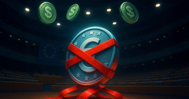 A glowing euro coin bound in red regulatory tape sits inside the EU Parliament chamber as dollar coins float freely above - Cover art/illustration via CryptoSlate. Image includes combined content which may include AI-generated content
