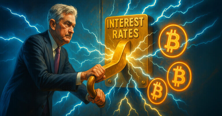 Jerome Powell is depicted pulling a giant lever labeled “Interest Rates,” with electricity sparking toward glowing Bitcoin symbols - Cover art/illustration via CryptoSlate