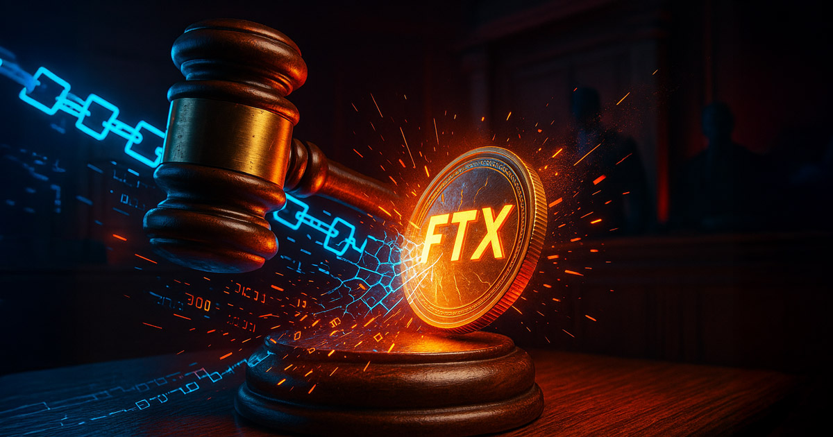 A wooden gavel strikes a glowing FTX coin, symbolizing legal action against the collapsed crypto exchange in a courtroom setting - Cover art/illustration via CryptoSlate