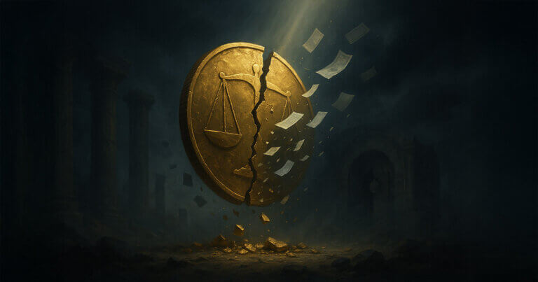 A large golden coin engraved with the scales of justice is shown cracking apart, scattering fragments and papers into the air - Cover art/illustration via CryptoSlate. Image includes combined content which may include AI-generated content