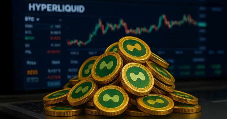 A pile of Hyperliquid tokens is shown in front of a trading chart interface highlighting the platform’s financial performance - Cover art/illustration via CryptoSlate. Image includes combined content which may include AI-generated content
