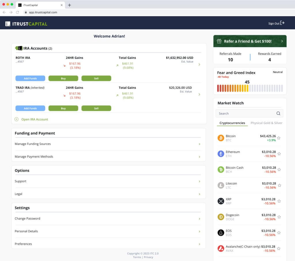iTrustCapital account overview showing multiple IRA accounts with 24-hour and total gains, add funds and buy or sell buttons, funding and settings sections, plus a right panel with referral rewards, the fear and greed index, and a crypto market watch.