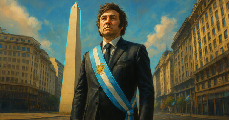 President Javier Milei is depicted in front of the Obelisk of Buenos Aires wearing Argentina’s presidential sash, symbolizing scrutiny amid the LIBRA scandal investigation - Cover art/illustration via CryptoSlate. Image includes combined content which may include AI-generated content