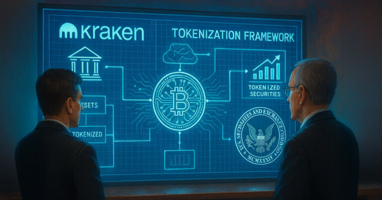 Two people observe a digital board showing Kraken’s proposed tokenization framework with Bitcoin and SEC references - Cover art/illustration via CryptoSlate. Image includes combined content which may include AI-generated content