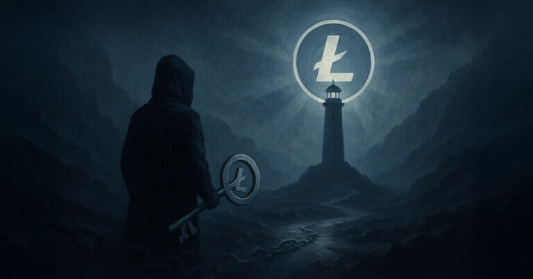 A hooded figure stands in a dark, misty landscape holding a key marked with the Litecoin symbol, gazing toward a distant lighthouse crowned by a radiant Litecoin emblem in the sky.