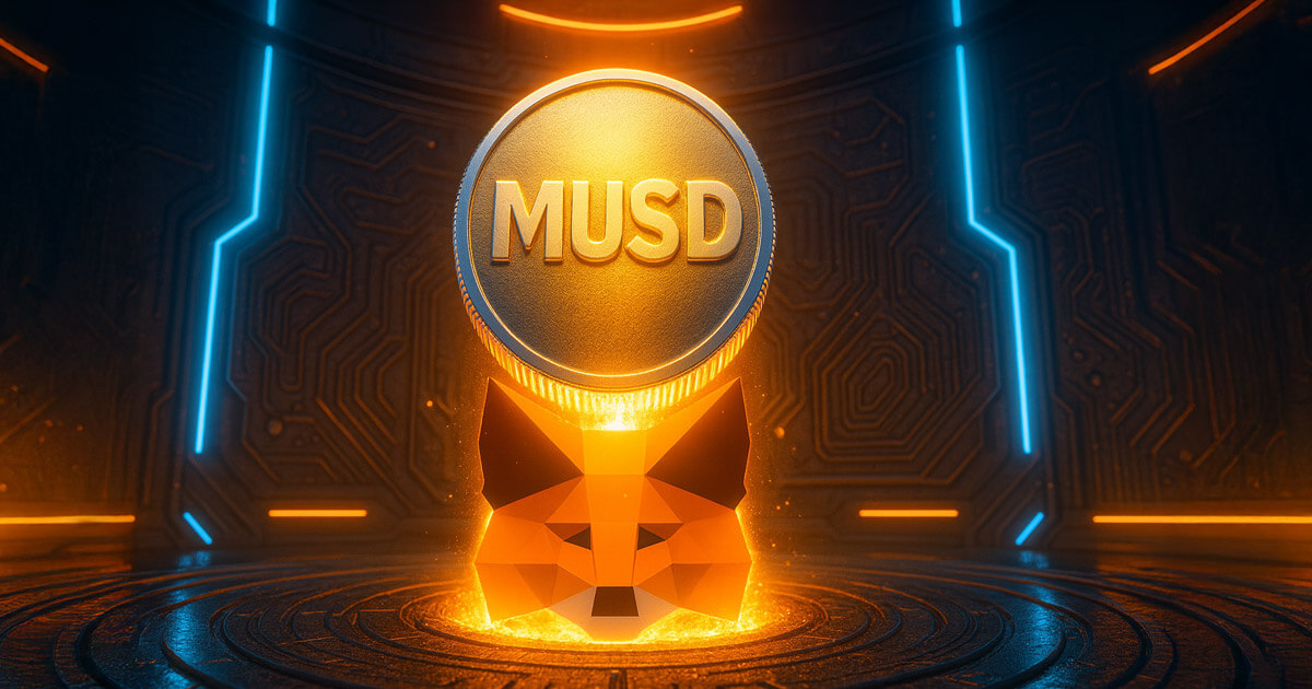 A glowing MUSD coin emerges above a MetaMask logo, symbolizing the launch of MetaMask’s stablecoin on Ethereum and Linea - Cover art/illustration via CryptoSlate. Image includes combined content which may include AI-generated content