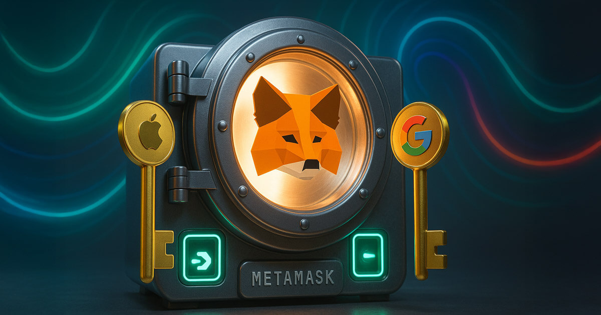 A digital vault illustration shows the MetaMask logo secured with keys branded with Google and Apple, symbolizing new social login wallet access - Cover art/illustration via CryptoSlate. Image includes combined content which may include AI-generated content