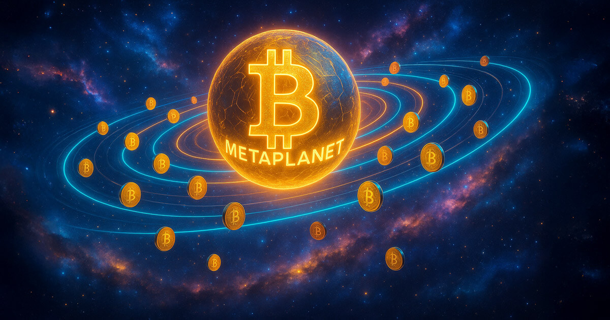 A glowing Bitcoin planet labeled "Metaplanet" orbits in space, surrounded by smaller Bitcoin coins forming rings like a solar system - Cover art/illustration via CryptoSlate. Image includes combined content which may include AI-generated content