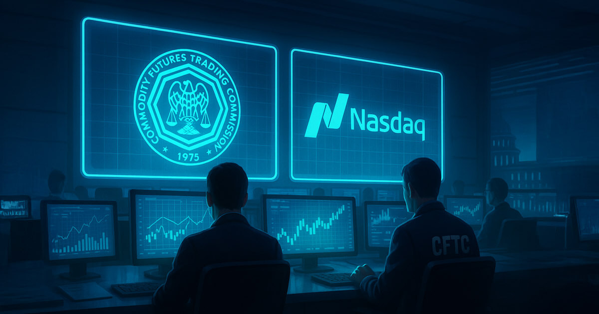 CFTC officials monitoring crypto market data on screens displaying the Commodity Futures Trading Commission and Nasdaq logos - Cover art/illustration via CryptoSlate. Image includes combined content which may include AI-generated content