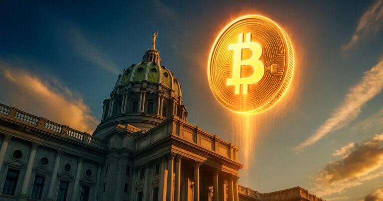 A glowing Bitcoin symbol rises above the Pennsylvania State Capitol building, representing proposed legislation restricting crypto ownership for public officials - Cover art/illustration via CryptoSlate