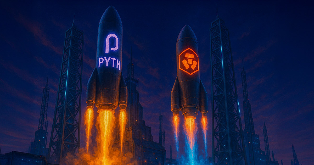 "PYTH and CRO rockets launch from a futuristic DeFi spaceport in neon-lit skies" - Cover art/illustration via CryptoSlate. Image includes combined content which may include AI-generated content