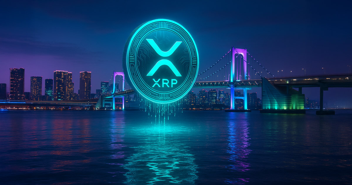 A large glowing XRP coin is depicted rising above Tokyo Bay with the Rainbow Bridge and city skyline illuminated in neon lights - Cover art/illustration via CryptoSlate. Image includes combined content which may include AI-generated content