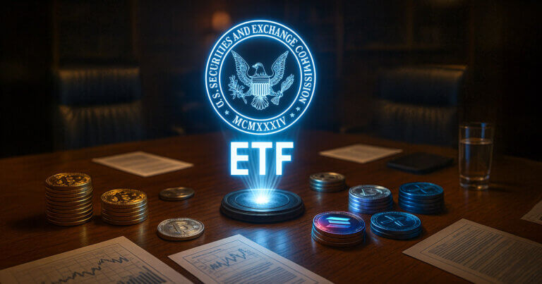 A holographic SEC emblem and "ETF" projection appear above stacks of cryptocurrency coins, symbolizing delayed crypto ETF decisions - Cover art/illustration via CryptoSlate. Image includes combined content which may include AI-generated content