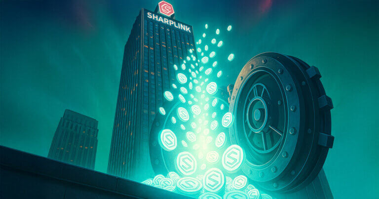 A glowing vault releases digital SharpLink tokens beside a skyscraper marked with the company’s logo - Cover art/illustration via CryptoSlate. Image includes combined content which may include AI-generated content