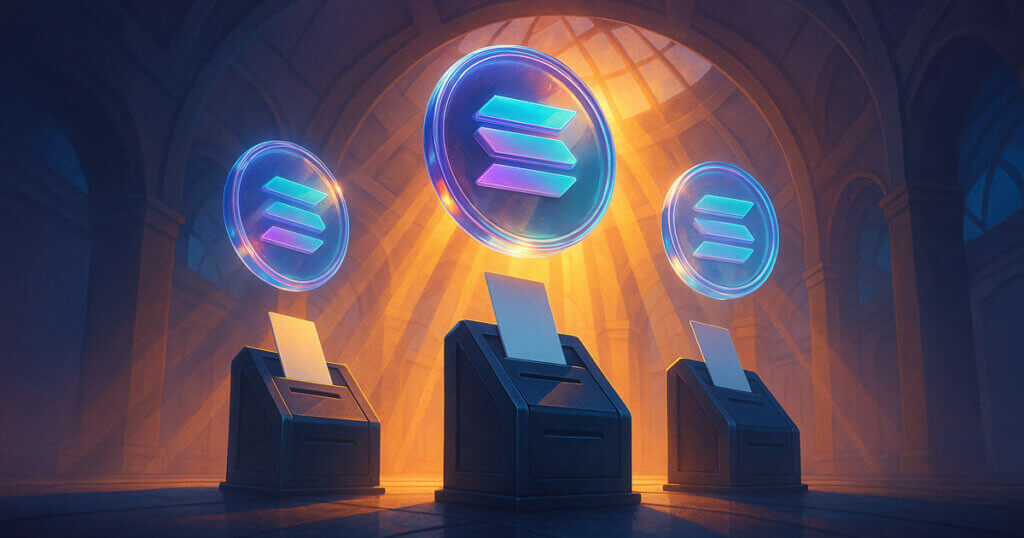 Three glowing Solana tokens hover above ballot boxes, symbolizing community voting and governance in support of the Alpenglow update - Cover art/illustration via CryptoSlate. Image includes combined content which may include AI-generated content