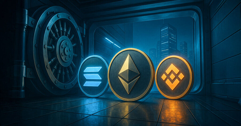 Stacks of Solana, Ethereum, and Binance Coin are shown inside a secure vault, symbolizing growing corporate crypto treasury allocations - Cover art/illustration via CryptoSlate. Image includes combined content which may include AI-generated content