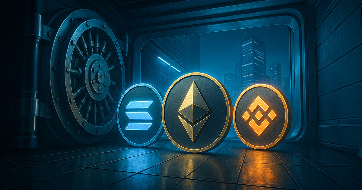 Stacks of Solana, Ethereum, and Binance Coin are shown inside a secure vault, symbolizing growing corporate crypto treasury allocations - Cover art/illustration via CryptoSlate. Image includes combined content which may include AI-generated content