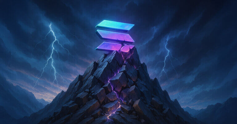 A glowing Solana logo stands atop a cracked mountain peak, symbolizing the cryptocurrency’s retreat after a sharp rally - Cover art/illustration via CryptoSlate. Image includes combined content which may include AI-generated content