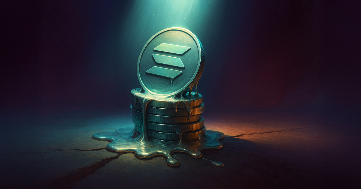 A stack of Solana coins melts under intense spotlight, dripping into darkness on an abstract financial stage - Cover art/illustration via CryptoSlate. Image includes combined content which may include AI-generated content