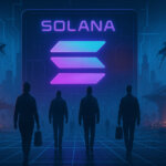 A glowing Solana logo dominates a futuristic digital backdrop as figures walk toward it, symbolizing the network’s liquidity growth amid challenges - Cover art/illustration via CryptoSlate. Image includes combined content which may include AI-generated content