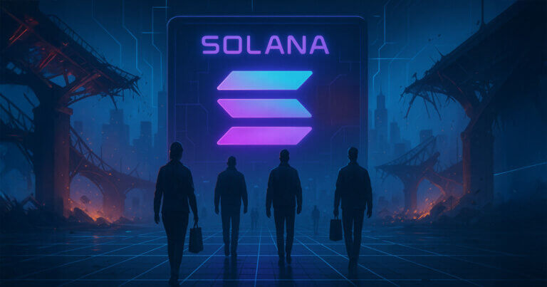 A glowing Solana logo dominates a futuristic digital backdrop as figures walk toward it, symbolizing the network’s liquidity growth amid challenges - Cover art/illustration via CryptoSlate. Image includes combined content which may include AI-generated content