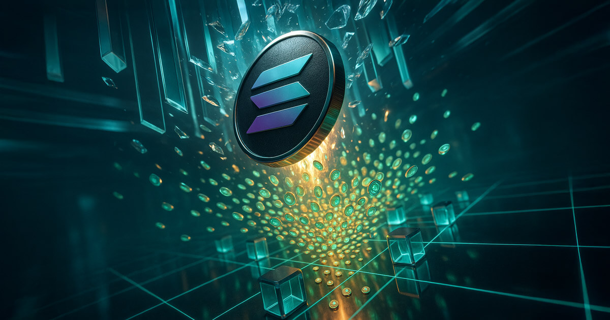 A glowing Solana coin emerges in a digital grid as the cryptocurrency climbs past $200 on surging institutional confidence – Cover art/illustration via CryptoSlate. Image includes combined content which may include AI-generated content