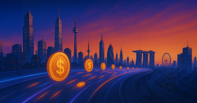 A glowing stream of digital dollar coins flows across a futuristic highway with global city skylines, symbolizing stablecoin growth projections - Cover art/illustration via CryptoSlate. Image includes combined content which may include AI-generated content