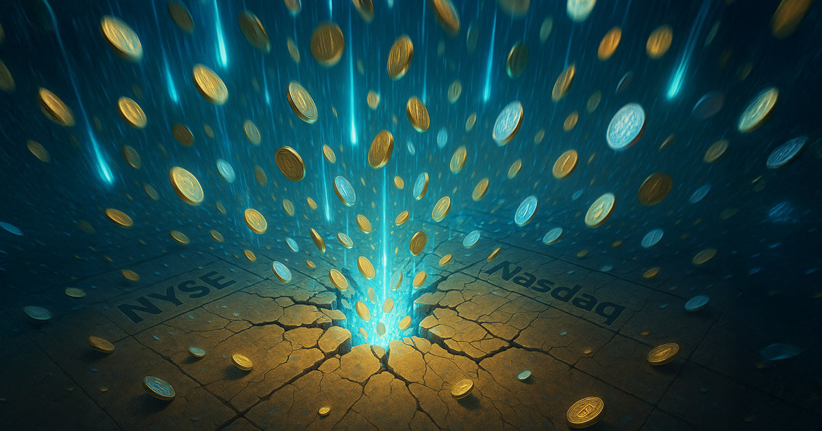 Digital coins are shown falling into a glowing crack between NYSE and Nasdaq, symbolizing rising concerns around tokenized equities and regulatory warnings - Cover art/illustration via CryptoSlate. Image includes combined content which may include AI-generated content