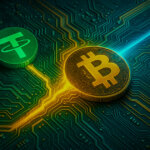 Tether logo integrates into a glowing Bitcoin circuit board on a futuristic motherboard - Cover art/illustration via CryptoSlate. Image includes combined content which may include AI-generated conten