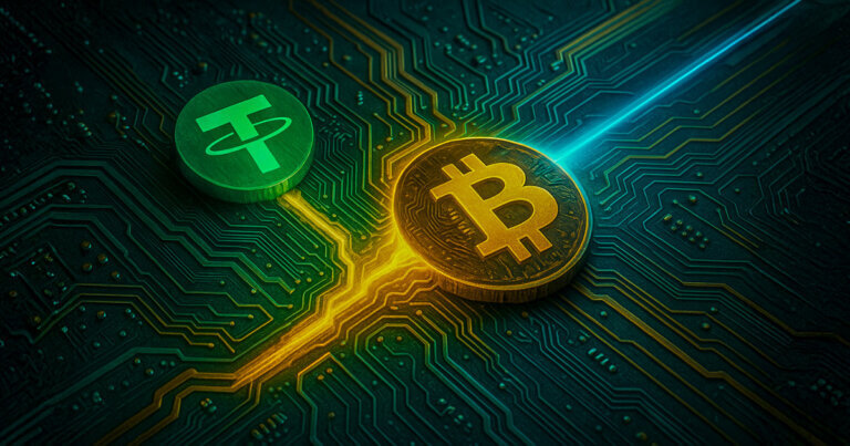 Tether logo integrates into a glowing Bitcoin circuit board on a futuristic motherboard - Cover art/illustration via CryptoSlate. Image includes combined content which may include AI-generated conten