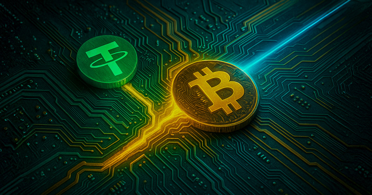 Tether logo integrates into a glowing Bitcoin circuit board on a futuristic motherboard - Cover art/illustration via CryptoSlate. Image includes combined content which may include AI-generated conten
