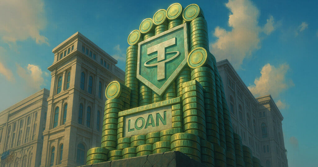 A monumental throne of Tether tokens dominates a CeFi citadel under golden daylight - Cover art/illustration via CryptoSlate. Image includes combined content which may include AI-generated content
