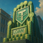 A monumental throne of Tether tokens dominates a CeFi citadel under golden daylight - Cover art/illustration via CryptoSlate. Image includes combined content which may include AI-generated content