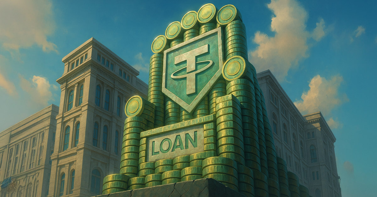 A monumental throne of Tether tokens dominates a CeFi citadel under golden daylight - Cover art/illustration via CryptoSlate. Image includes combined content which may include AI-generated content