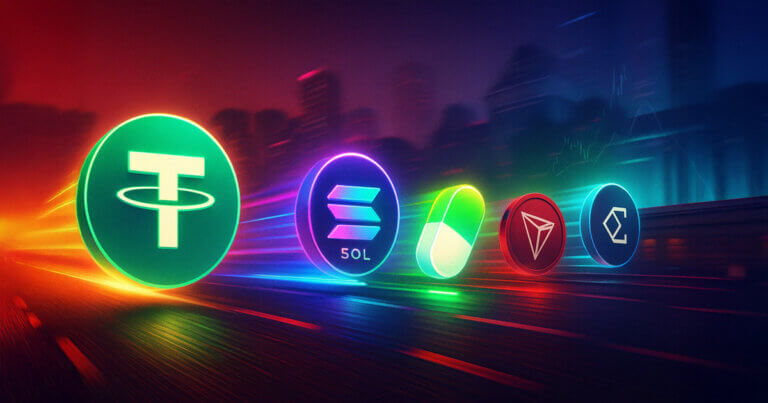 Glowing tokens (USDT, SOL, PUMP.FUN (white and green pill), TRX, ETHENA) zip down a digital autobahn in synchronized motion - Cover art/illustration via CryptoSlate. Image includes combined content which may include AI-generated content