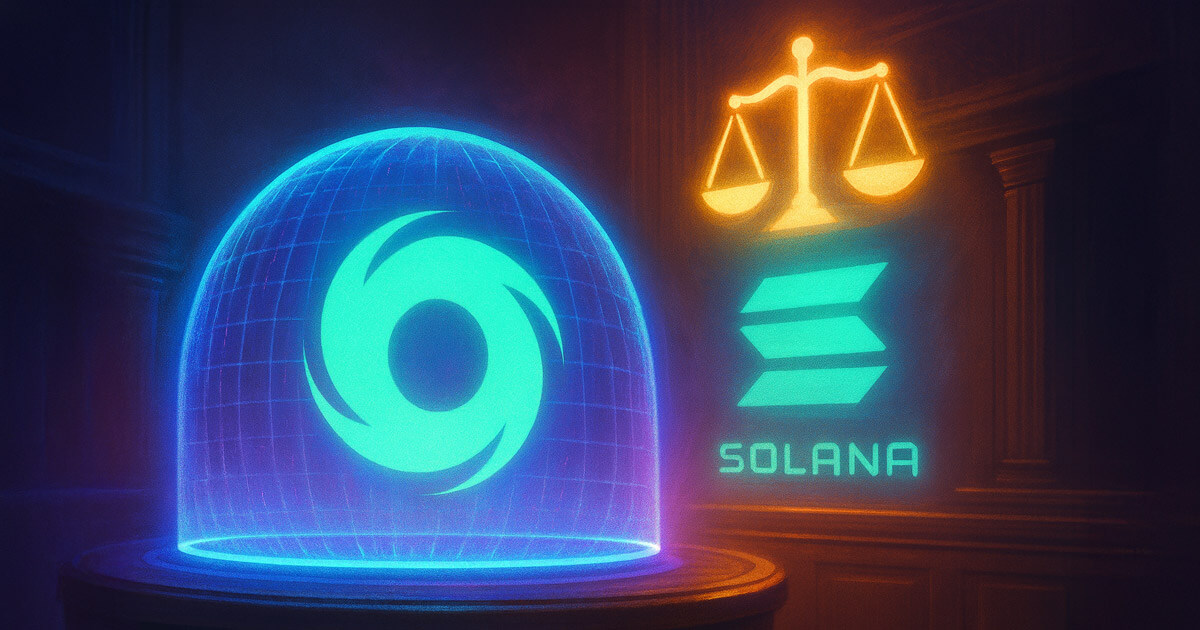 Solana Policy Institute projects a holographic shield over the Tornado Cash logo in a digital courtroom - Cover art/illustration via CryptoSlate. Image includes combined content which may include AI-generated content