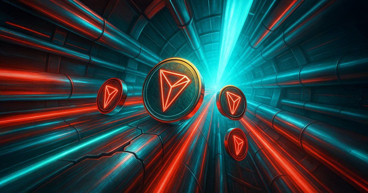 Tron tokens speed through bursting digital tunnels in a neon-lit transaction stream - Cover art/illustration via CryptoSlate. Image includes combined content which may include AI-generated content