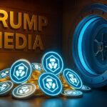 A glowing pile of CRO tokens sits in front of a vault with "Trump Media" inscribed on the wall - Cover art/illustration via CryptoSlate. Image includes combined content which may include AI-generated content