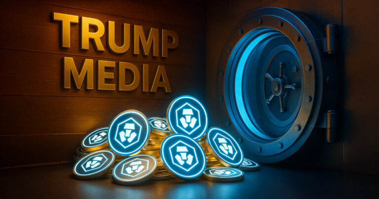 A glowing pile of CRO tokens sits in front of a vault with "Trump Media" inscribed on the wall - Cover art/illustration via CryptoSlate. Image includes combined content which may include AI-generated content