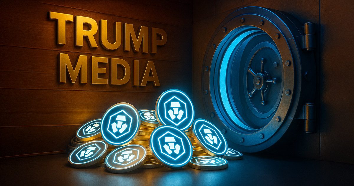 A glowing pile of CRO tokens sits in front of a vault with "Trump Media" inscribed on the wall - Cover art/illustration via CryptoSlate. Image includes combined content which may include AI-generated content