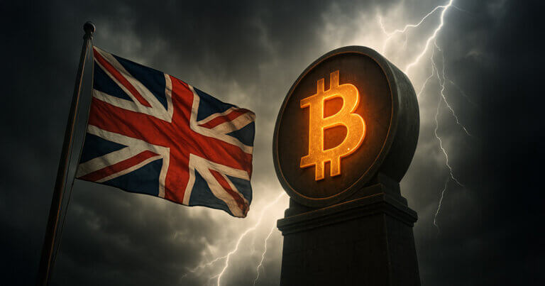 A glowing Bitcoin monument stands beside the UK flag under stormy skies, symbolizing Britain’s tense crypto regulatory environment - Cover art/illustration via CryptoSlate. Image includes combined content which may include AI-generated content