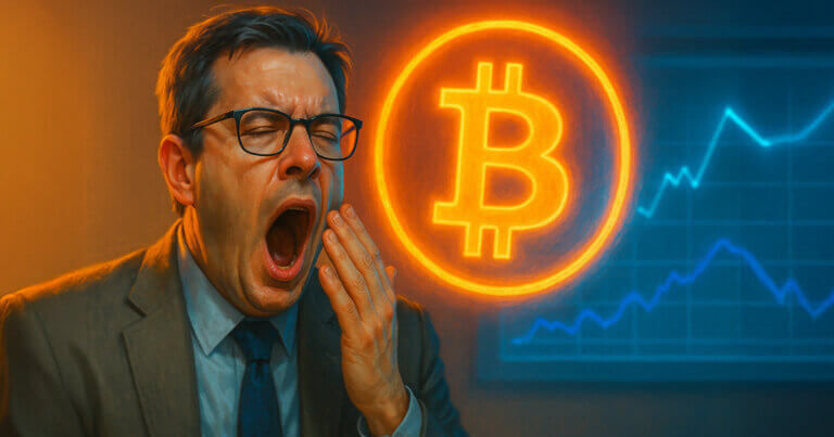 A man yawns in front of a glowing Bitcoin symbol, representing Wall Street's continued lack of enthusiasm for cryptocurrency adoption - Cover art/illustration via CryptoSlate