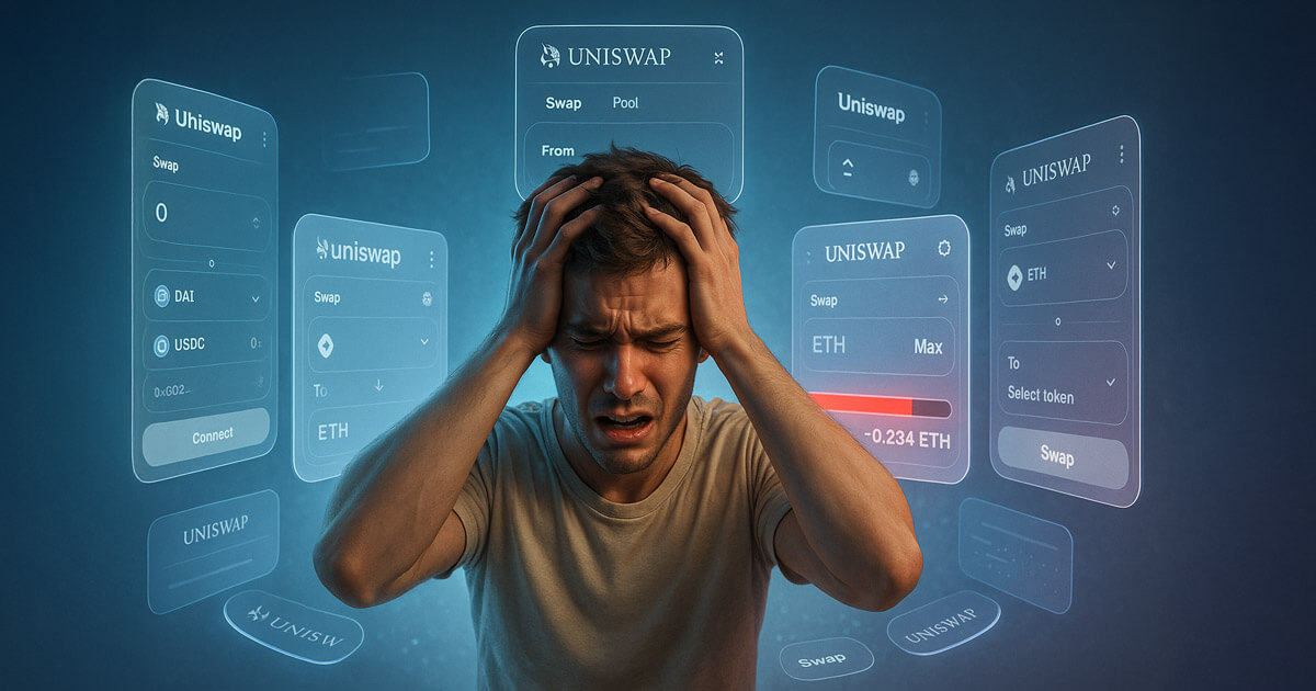 Caught in the trap: a crypto investor overwhelmed after falling victim to a Uniswap phishing scam. Credit: Cover art/illustration via CryptoSlate. Image includes combined content which may include AI-generated content.