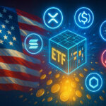 A glowing cube labeled "ETF" surrounded by crypto logos and a U.S. flag symbolizes American efforts to launch a domestic crypto ETF - Cover art/illustration via CryptoSlate. Image includes combined content which may include AI-generated content
